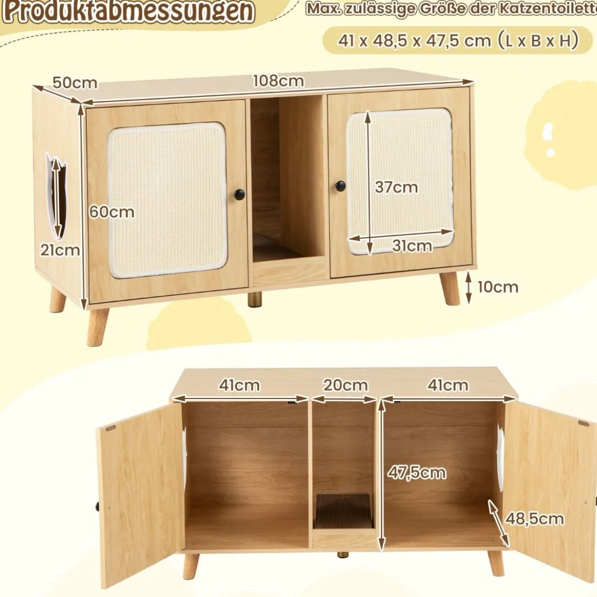 Katzenschrank für Katzentoilette Katzenklo Schrank mit 2 Türen Katzenhaus für 2 Katzen Natur/Weiß