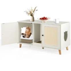 Katzenschrank für Katzentoilette Katzenklo Schrank mit 2 Türen Katzenhaus für 2 Katzen Natur/Weiß
