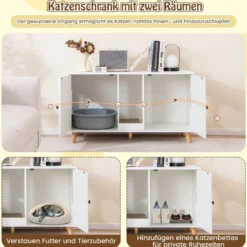 Katzenschrank für Katzentoilette Katzenklo Schrank mit 2 Türen Katzenhaus für 2 Katzen Natur/Weiß