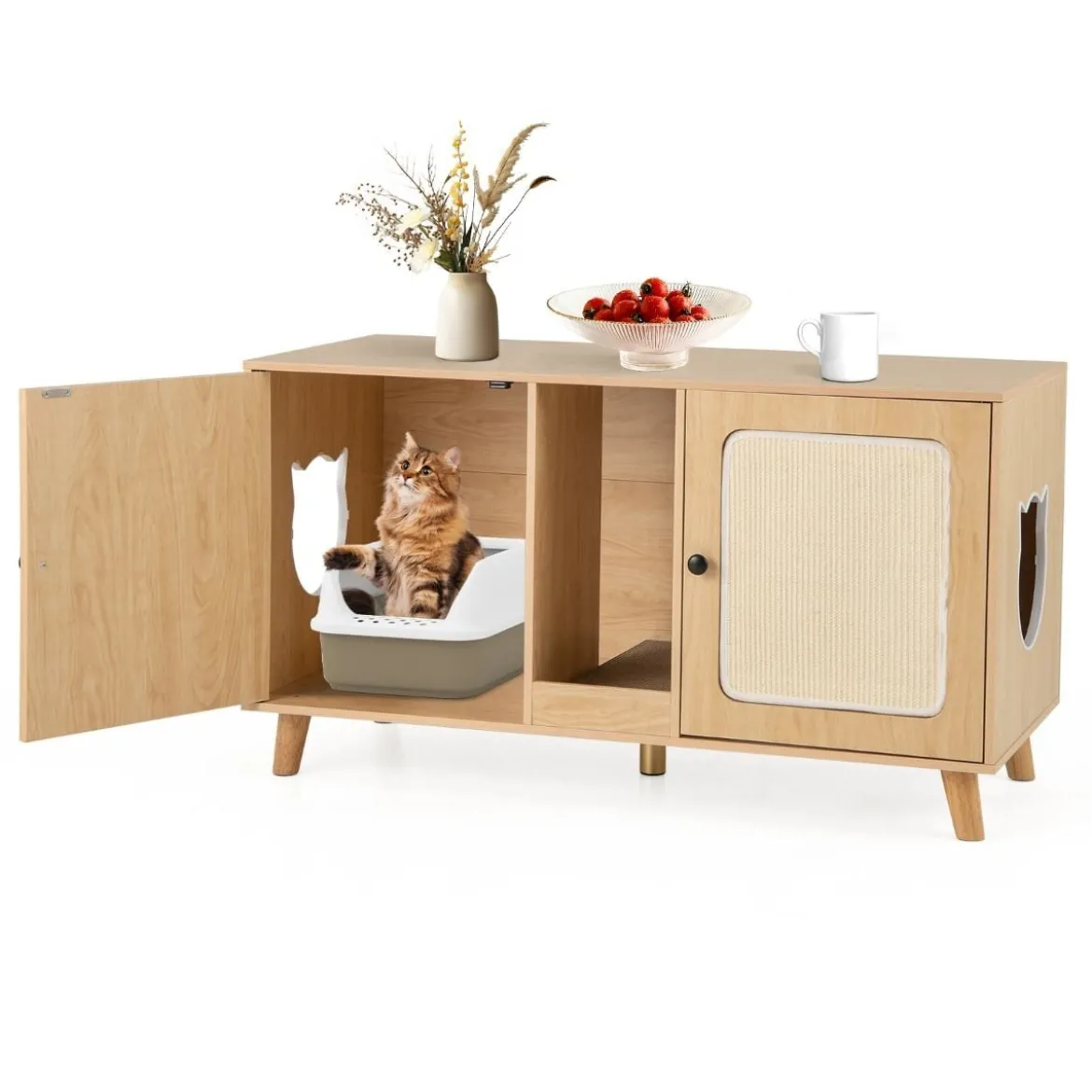Katzenschrank für Katzentoilette Katzenklo Schrank mit 2 Türen Katzenhaus für 2 Katzen Natur/Weiß