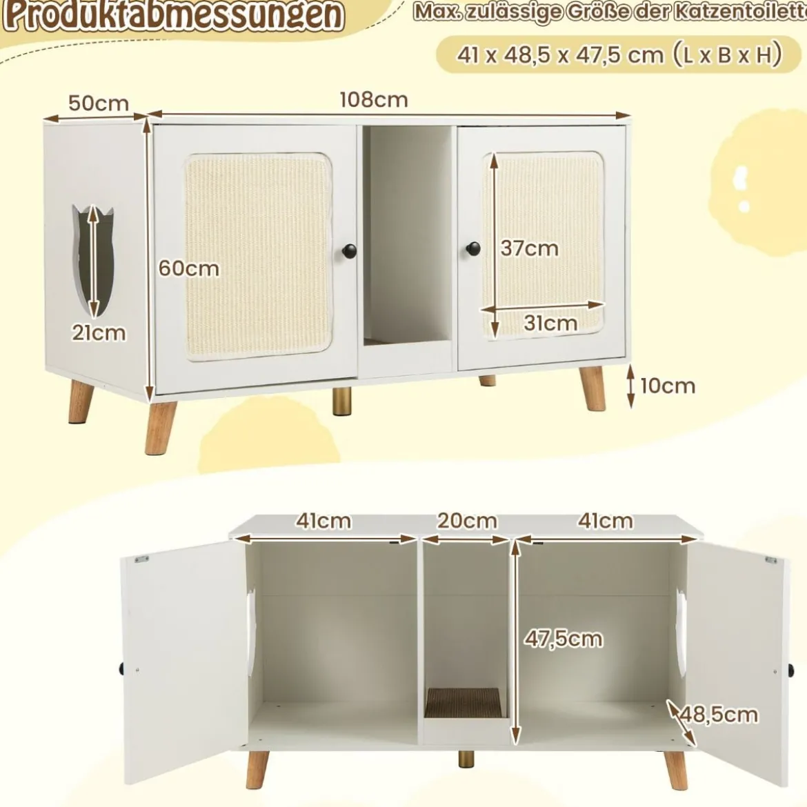 Katzenschrank für Katzentoilette Katzenklo Schrank mit 2 Türen Katzenhaus für 2 Katzen Natur/Weiß