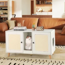 Katzenschrank für Katzentoilette Katzenklo Schrank mit 2 Türen Katzenhaus für 2 Katzen Natur/Weiß