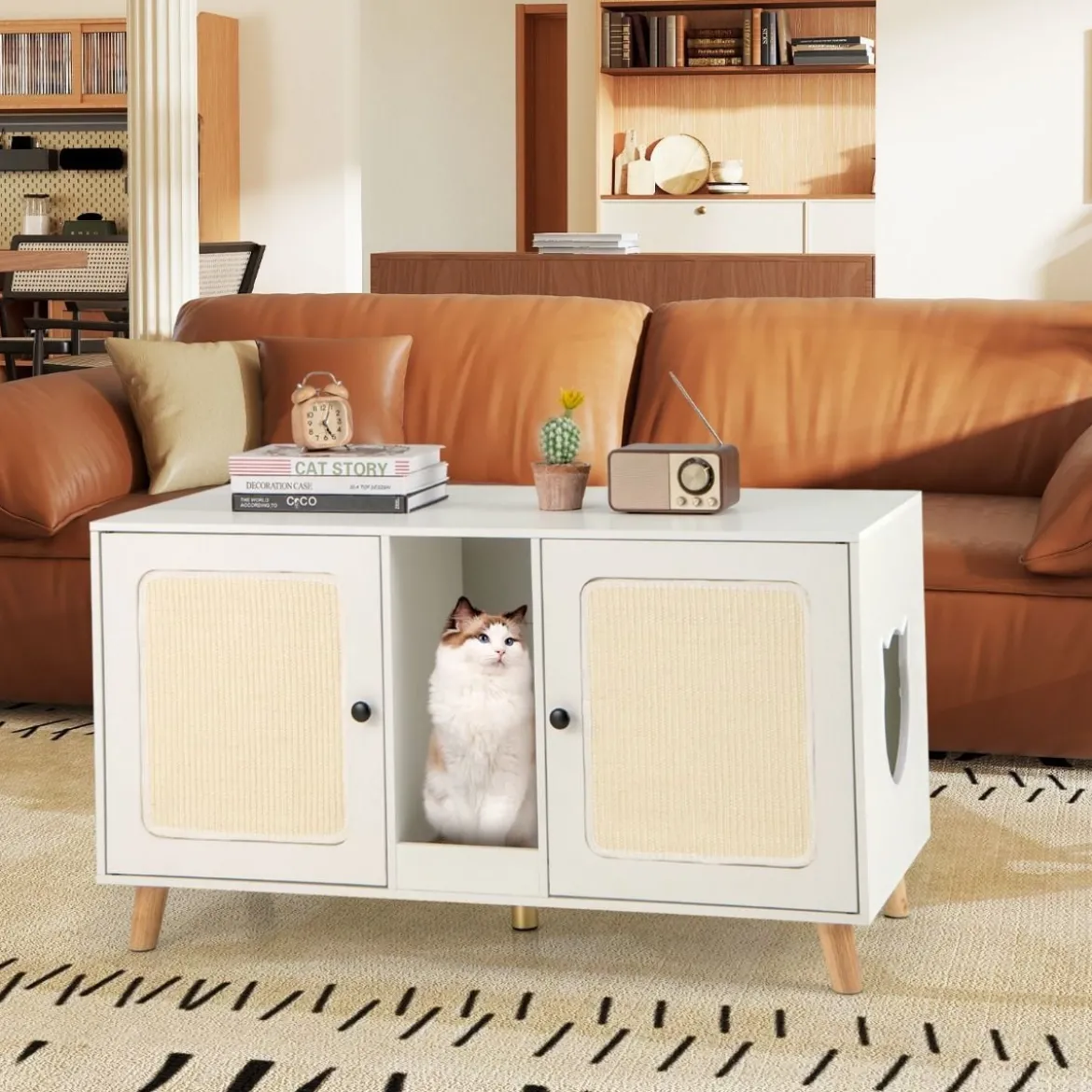 Katzenschrank für Katzentoilette Katzenklo Schrank mit 2 Türen Katzenhaus für 2 Katzen Natur/Weiß