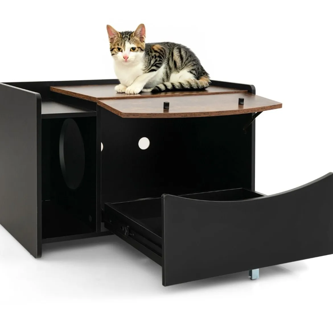 Katzenschrank für Katzentoilette Katzenhaus mit ausziehbarer Schublade & Eingang & Haken & Klapptür 78 x 50 x 51,5 cm