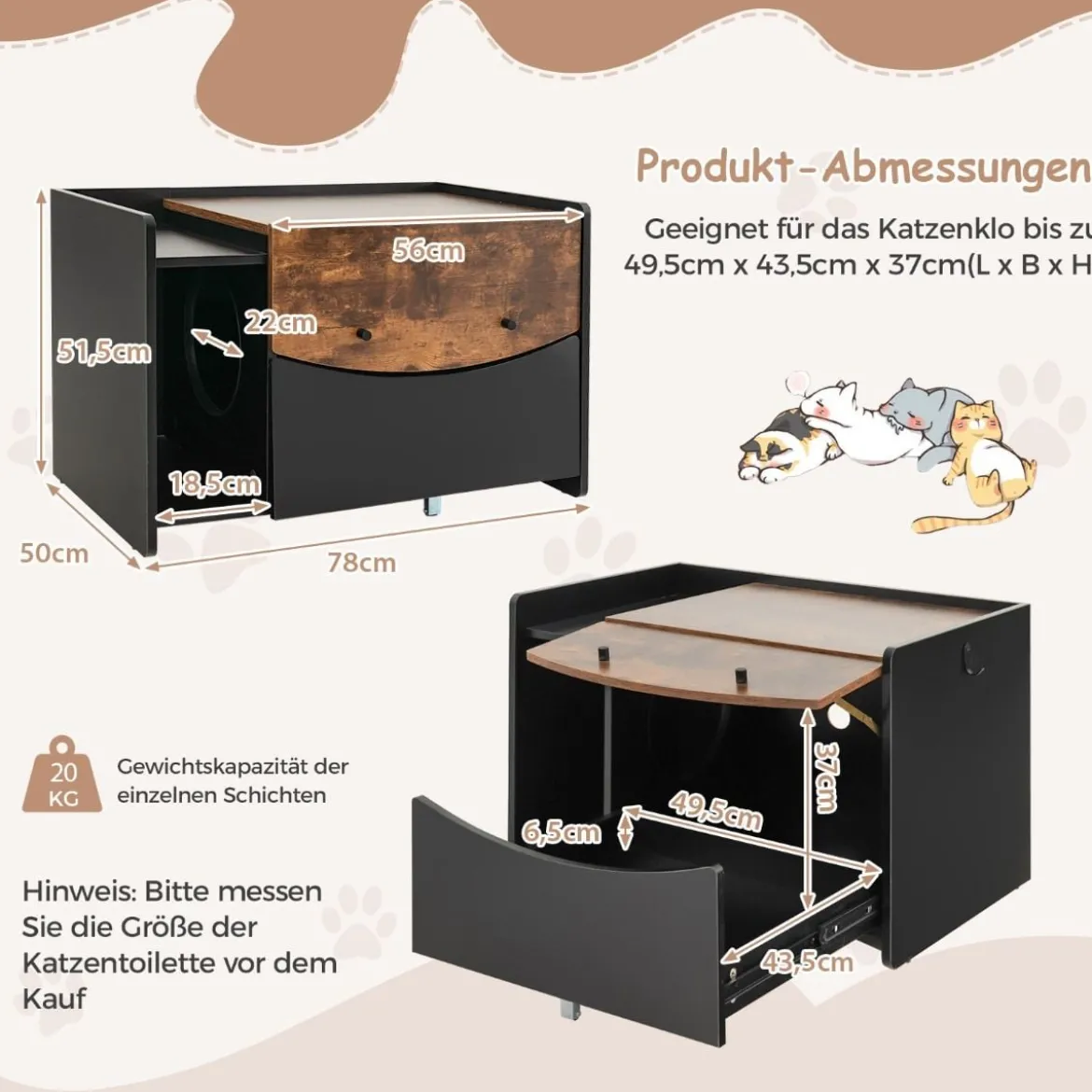 Katzenschrank für Katzentoilette Katzenhaus mit ausziehbarer Schublade & Eingang & Haken & Klapptür 78 x 50 x 51,5 cm