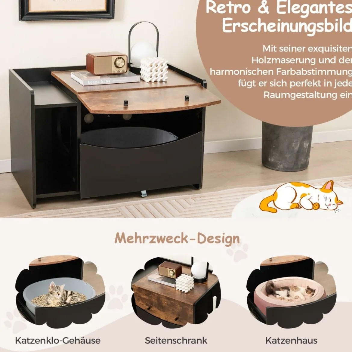 Katzenschrank für Katzentoilette Katzenhaus mit ausziehbarer Schublade & Eingang & Haken & Klapptür 78 x 50 x 51,5 cm