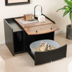 Katzenschrank für Katzentoilette Katzenhaus mit ausziehbarer Schublade & Eingang & Haken & Klapptür 78 x 50 x 51,5 cm