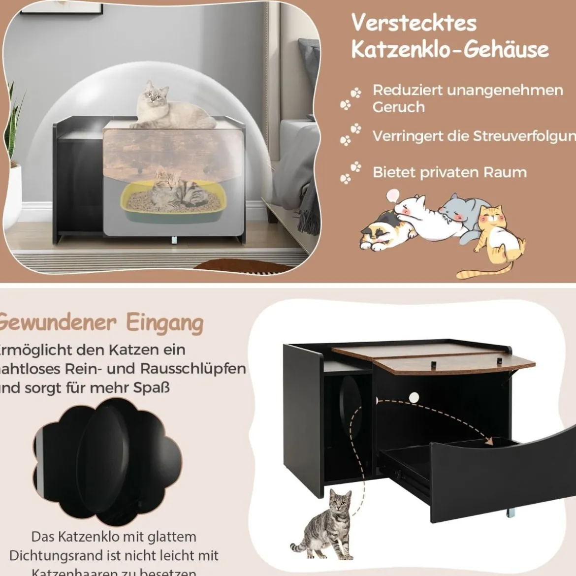 Katzenschrank für Katzentoilette Katzenhaus mit ausziehbarer Schublade & Eingang & Haken & Klapptür 78 x 50 x 51,5 cm