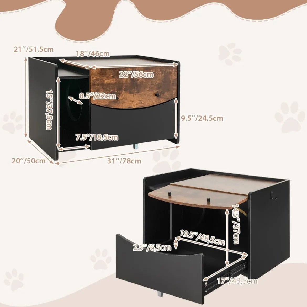 Katzenschrank für Katzentoilette Katzenhaus mit ausziehbarer Schublade & Eingang & Haken & Klapptür 78 x 50 x 51,5 cm