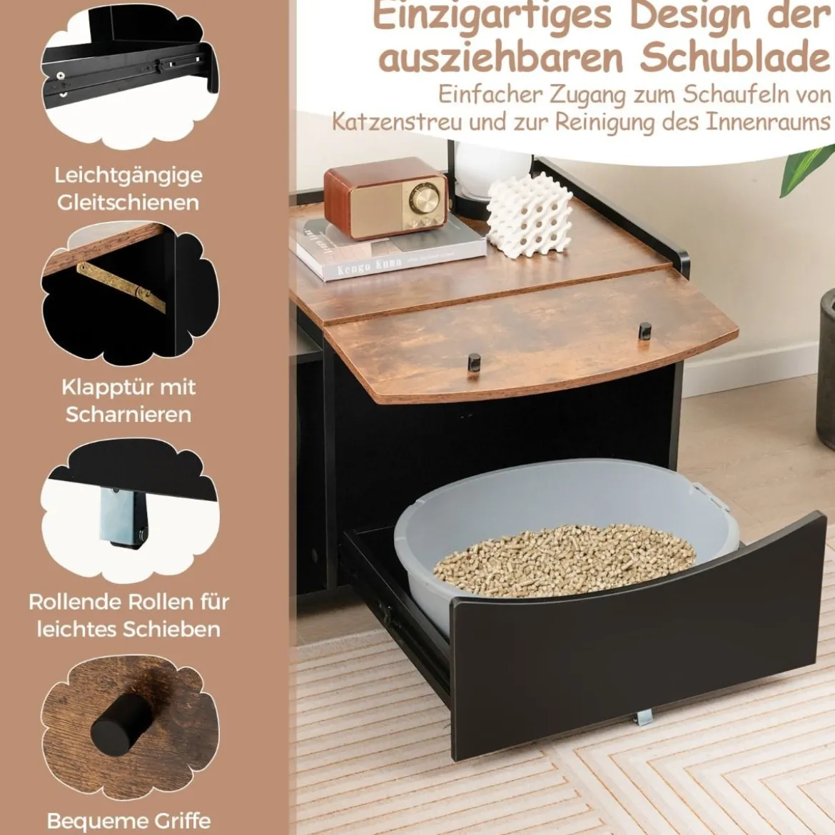 Katzenschrank für Katzentoilette Katzenhaus mit ausziehbarer Schublade & Eingang & Haken & Klapptür 78 x 50 x 51,5 cm