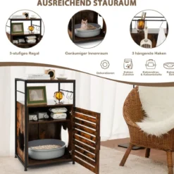 Katzenschrank Katzentoilette mit Lamellentür & Eingang Katzenhaus mit Regal & Haken Braun