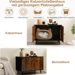 Katzenschrank Katzentoilette Katzenhaus mit Doppeltüren & Eingang 80 x 50 x 57 cm Schwarz + Natur