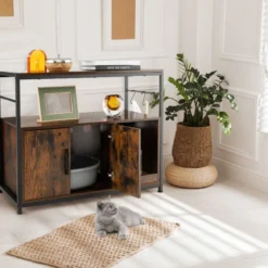 Katzenschrank Katzentoilette mit Doppeltüren & Kratzunterlage Katzenhaus mit Haken Braun