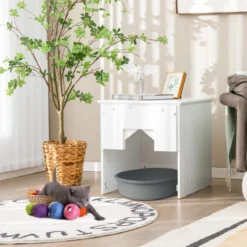 Katzentoiletten-Gehäuse mit magnetischer halber Klapptür & Katzenloch Weiß