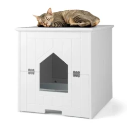 Katzentoiletten-Gehäuse mit magnetischer halber Klapptür & Katzenloch Weiß