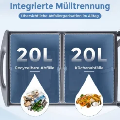 Küche Abfalleimer mit 2 Fächer Ausziehbarer Küchenmülleimer mit ABS Deckel Mülltrennsystem Grau