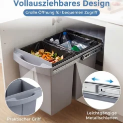 Küche Abfalleimer mit 2 Fächer Ausziehbarer Küchenmülleimer mit ABS Deckel Mülltrennsystem Grau
