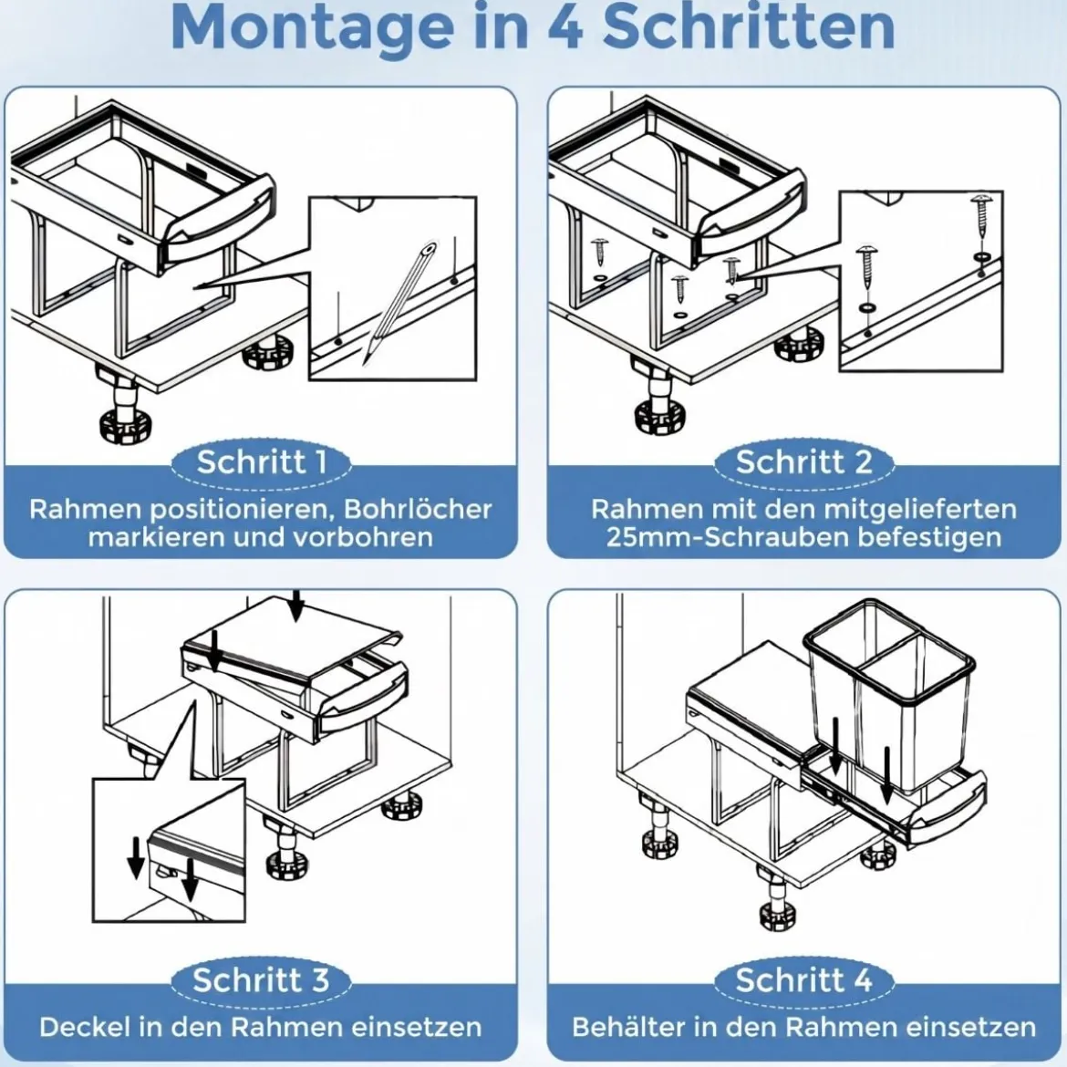 Küche Abfalleimer mit 2 Fächer Ausziehbarer Küchenmülleimer mit ABS Deckel Mülltrennsystem Grau