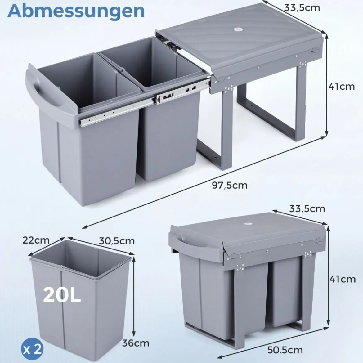 Küche Abfalleimer mit 2 Fächer Ausziehbarer Küchenmülleimer mit ABS Deckel Mülltrennsystem Grau