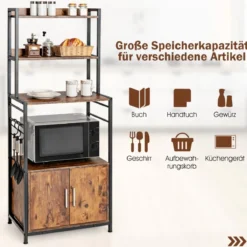 Küchenregal mit Lagerschrank & Haken & Ablagen & Tür & verstellbaren Füßen Vintage