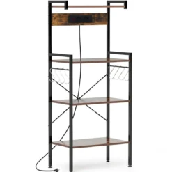Küchenregal mit Steckdosen & 8 S-förmigen Haken Mikrowellen Regal Standregal Braun