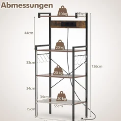 Küchenregal mit Steckdosen & 8 S-förmigen Haken Mikrowellen Regal Standregal Braun
