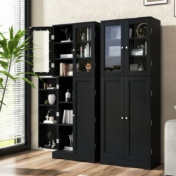 Küchenschrank aus Holz mit 2 Türen gehärtetem Glas & Regalen Hochschrank Schwarz