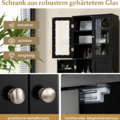 Küchenschrank aus Holz mit 2 Türen gehärtetem Glas & Regalen Hochschrank Schwarz