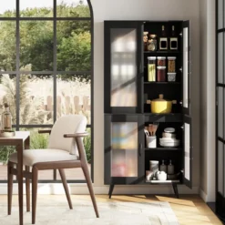 Küchenschrank hoch 178,5 cm Küchenregal mit 4 transparenten Türen & verstellbares Regal Schwarz