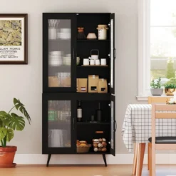 Küchenschrank hoch 178,5 cm Küchenregal mit 4 transparenten Türen & verstellbares Regal Schwarz