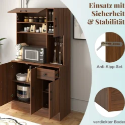 Küchenschrank Holz Buffetschrank mit Steckdosen & USB-Anschlüsse & Type C Hochschrank Braun 90 x 39 x 167 cm