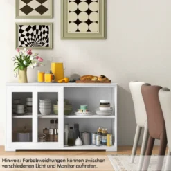 Küchenschrank mit Glasschiebetüren & Verstellbarem Ablage Sideboard Weiß