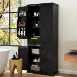 Küchenschrank mit 4 Verstellbaren Einlegeböden & Großer Schublade & 4 Türen Buffetschrank Schwarz
