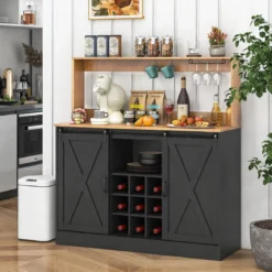 Küchen Sideboard im Farmhaus-Stil mit Ladestation & Weinregal & Glashaltern Weinschrank Schwarz