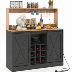 Küchen Sideboard im Farmhaus-Stil mit Ladestation & Weinregal & Glashaltern Weinschrank Schwarz