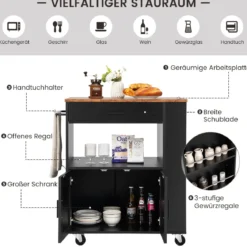 Küchenwagen auf Rollen mit Ladestation & Arbeitsplatte & Schublade & 3 Gewürzregalen Schwarz + Natur