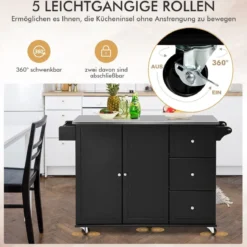 Küchenwagen mit Edelstahl Arbeitsplatte & Schublade & Handtuchhalter & Gewürzregale Schwarz