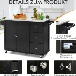 Küchenwagen mit Edelstahl Arbeitsplatte & Schublade & Handtuchhalter & Gewürzregale Schwarz