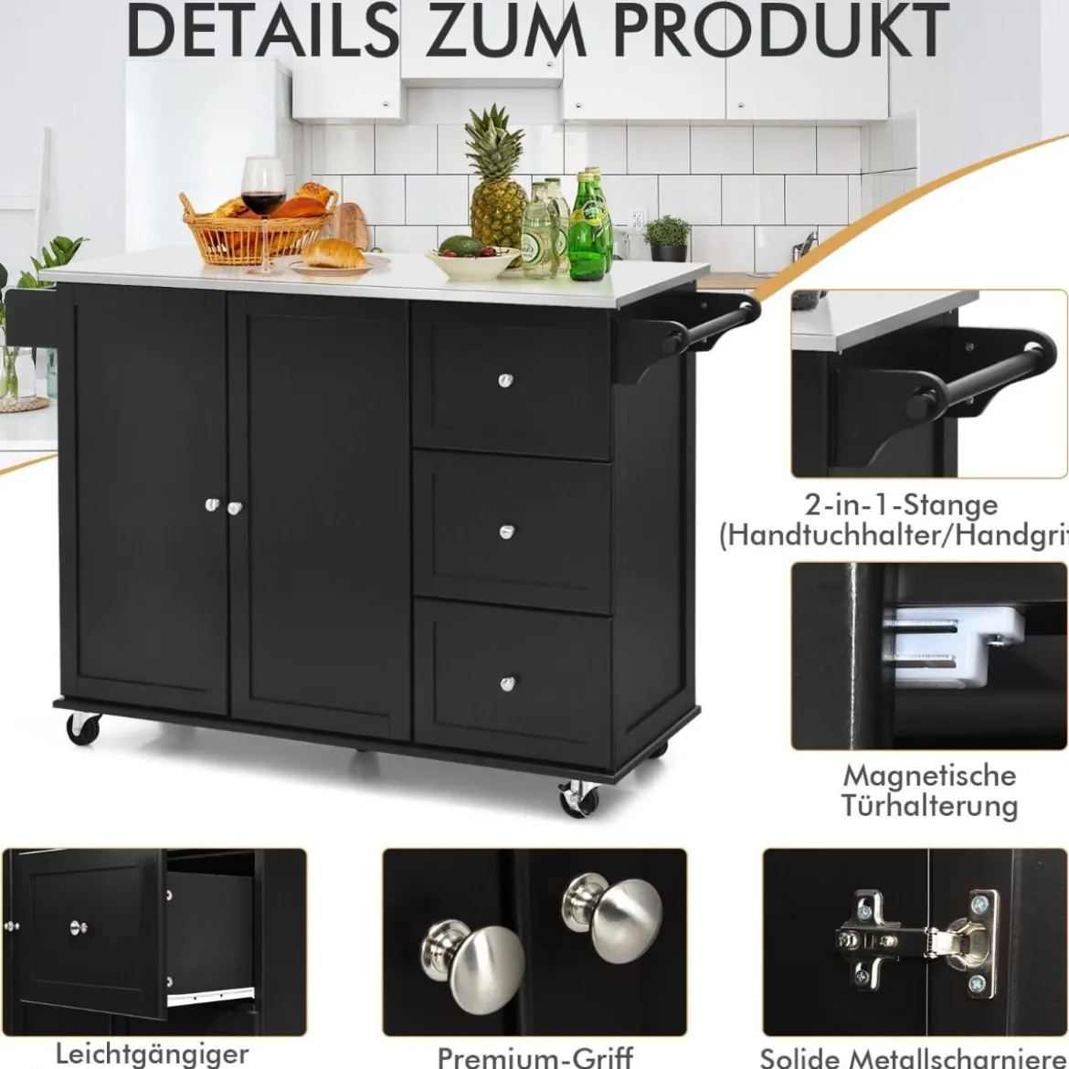 Küchenwagen mit Edelstahl Arbeitsplatte & Schublade & Handtuchhalter & Gewürzregale Schwarz