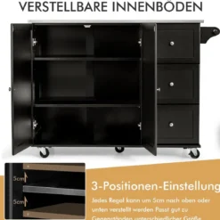 Küchenwagen mit Edelstahl Arbeitsplatte & Schublade & Handtuchhalter & Gewürzregale Schwarz