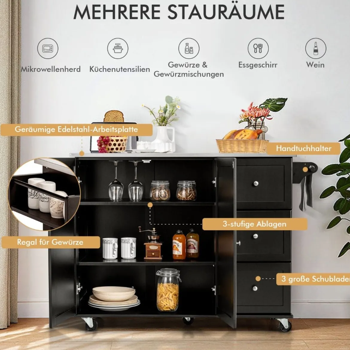 Küchenwagen mit Edelstahl Arbeitsplatte & Schublade & Handtuchhalter & Gewürzregale Schwarz