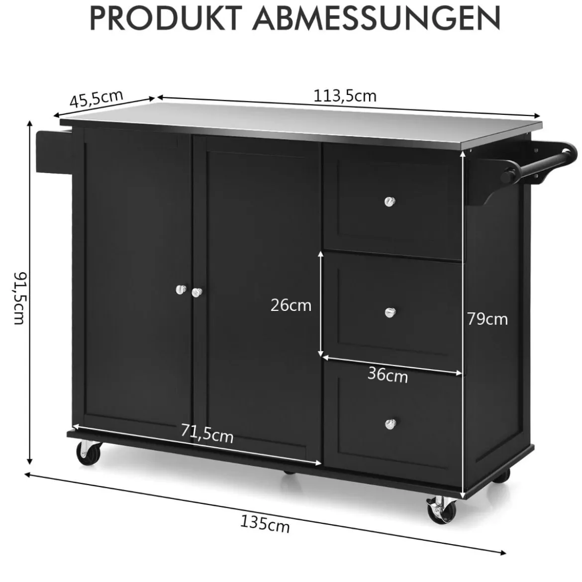 Küchenwagen mit Edelstahl Arbeitsplatte & Schublade & Handtuchhalter & Gewürzregale Schwarz