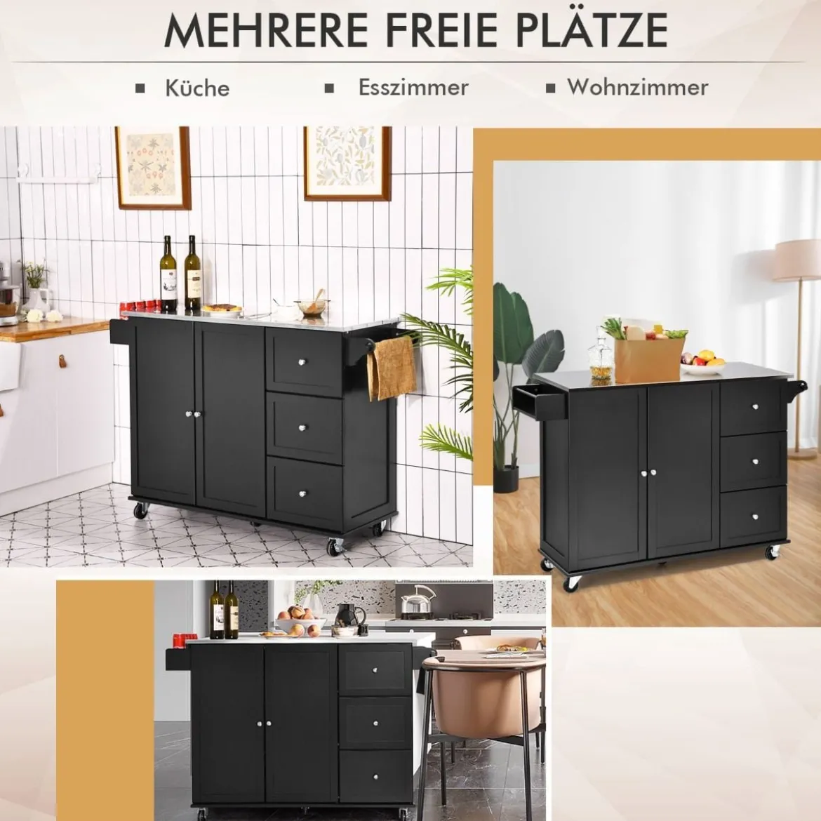 Küchenwagen mit Edelstahl Arbeitsplatte & Schublade & Handtuchhalter & Gewürzregale Schwarz