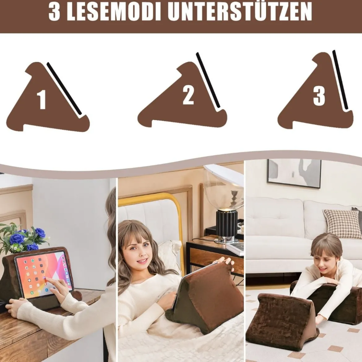 Keilkissen-Set ergonomisches Rückenkissen mit Seitentaschen und waschbarem Bezug Stützkissen für Nacken 47,5 x 23,5 x 54 cm Braun