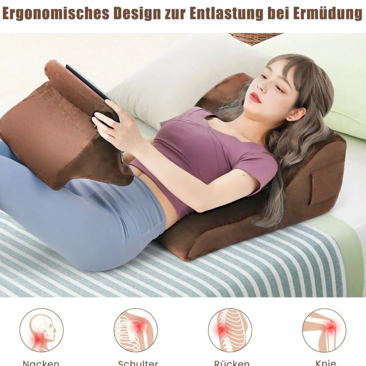 Keilkissen-Set ergonomisches Rückenkissen mit Seitentaschen und waschbarem Bezug Stützkissen für Nacken 47,5 x 23,5 x 54 cm Braun