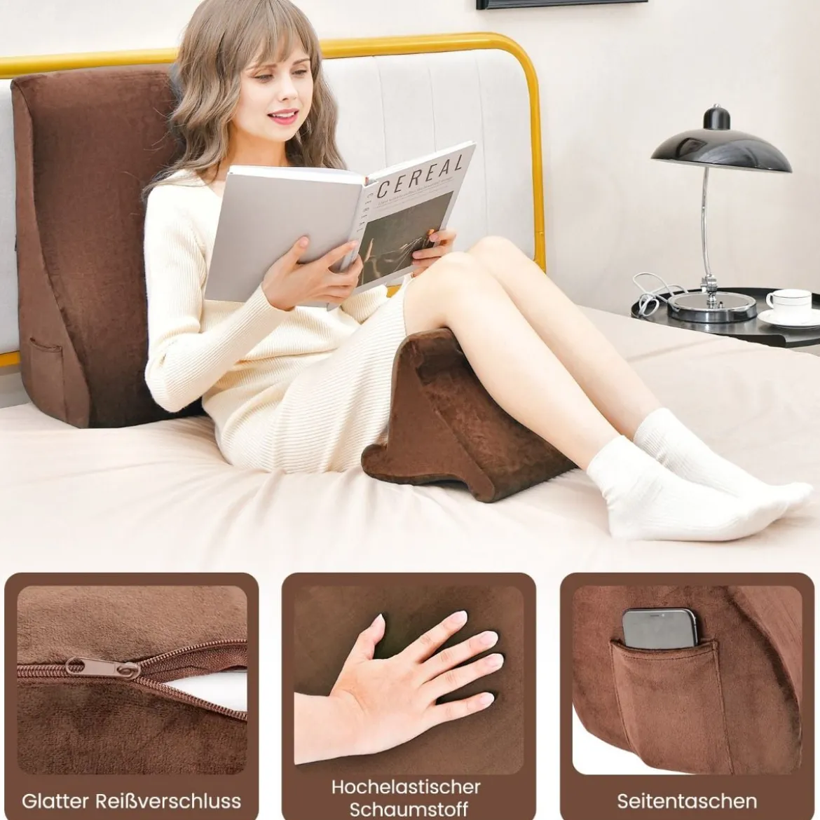 Keilkissen-Set ergonomisches Rückenkissen mit Seitentaschen und waschbarem Bezug Stützkissen für Nacken 47,5 x 23,5 x 54 cm Braun