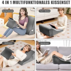 Keilkissen-Set ergonomisches Rückenkissen mit Seitentaschen und waschbarem Bezug Stützkissen für Nacken 47,5 x 23,5 x 54 cm Grau