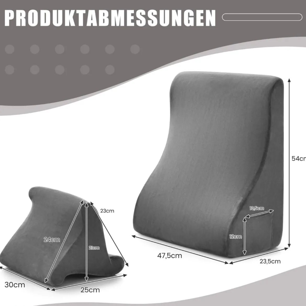 Keilkissen-Set ergonomisches Rückenkissen mit Seitentaschen und waschbarem Bezug Stützkissen für Nacken 47,5 x 23,5 x 54 cm Grau