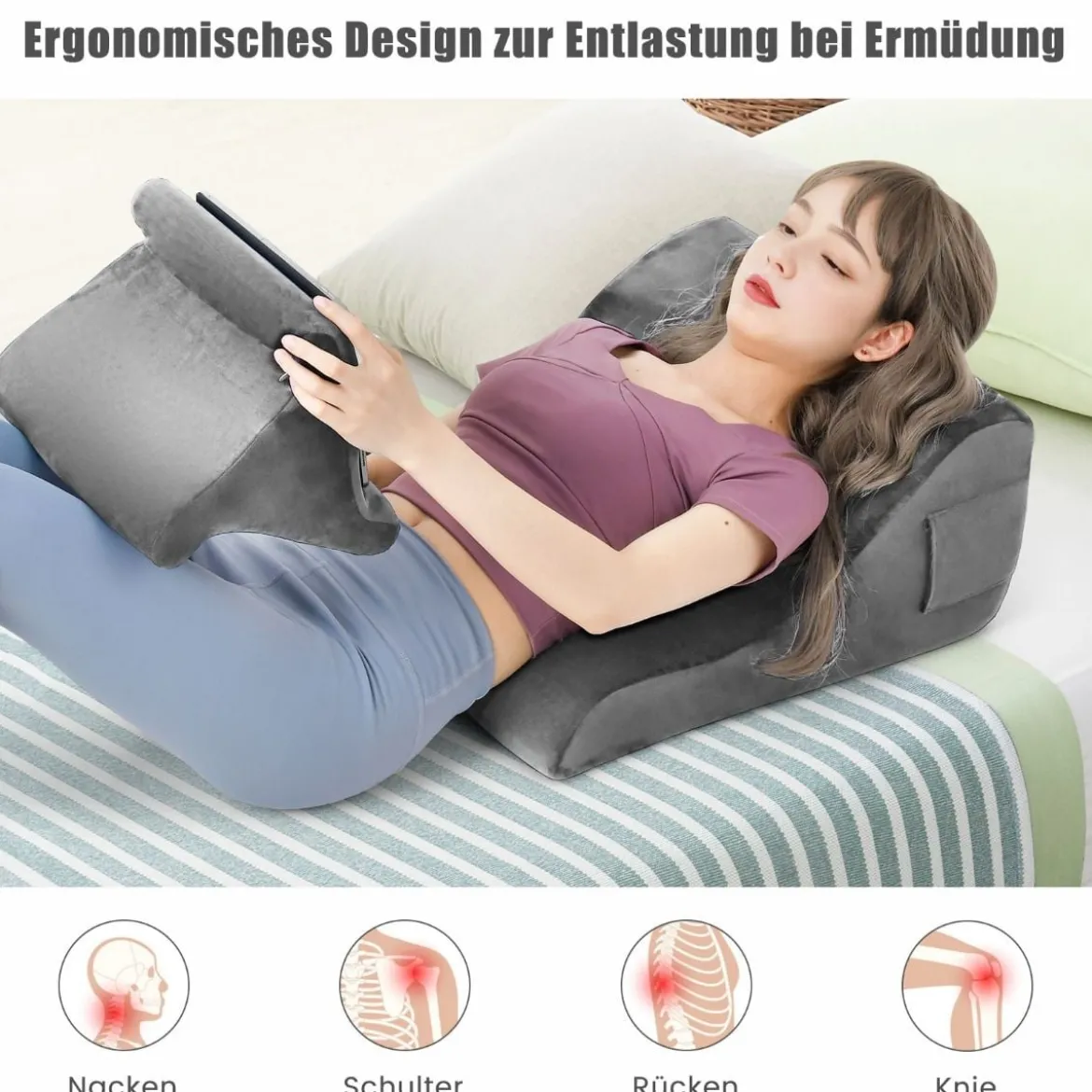 Keilkissen-Set ergonomisches Rückenkissen mit Seitentaschen und waschbarem Bezug Stützkissen für Nacken 47,5 x 23,5 x 54 cm Grau