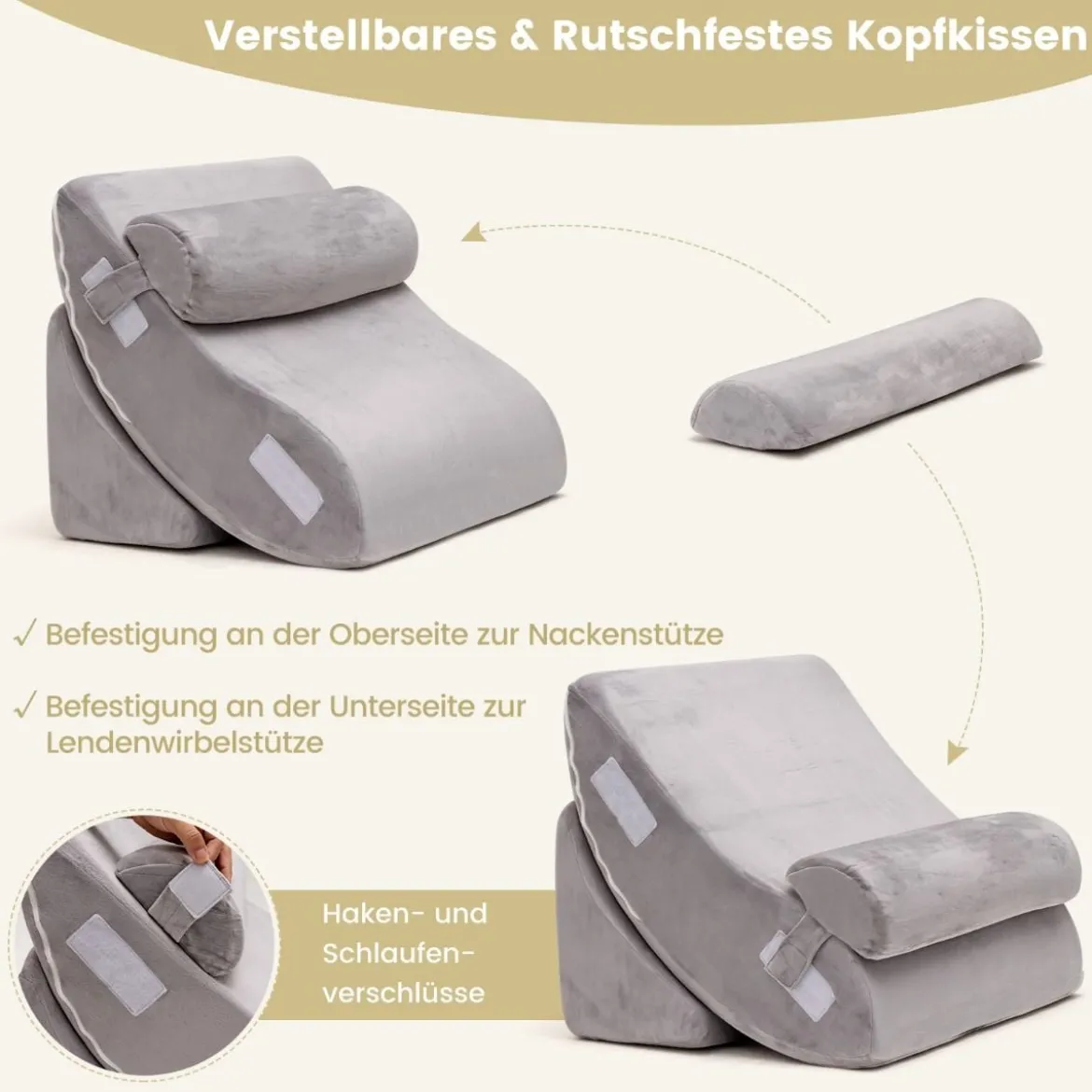 Keilkissen-Set 4-Teiliges Bettkeilkissen Postoperatives Memory-Schaum-Kissen-Set Grau